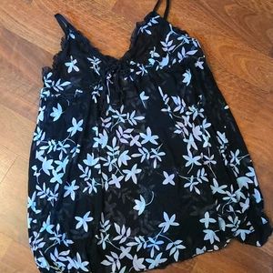 Sheer black neglige, pink and blue flowers